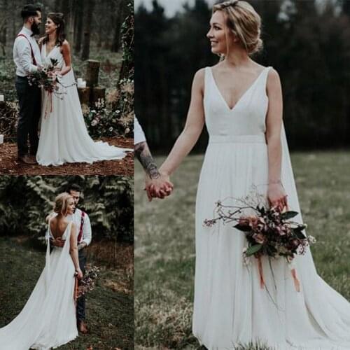Cheap Country Boho Wedding Dresses 2021 robe de mariee Deep V Neck Chiffon Wedding Gowns Handmade Open Back Bridal Dress