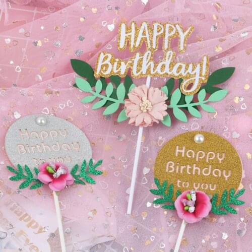 New Garland Happy Birthday Cupcake Topper Gold Plants Flowers Cake Topper For Girls Birthday Party Cake Decorations Baby Shower
