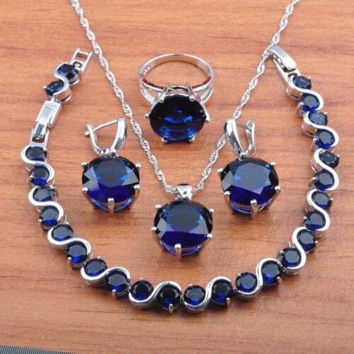 2021 New Classic Blue Zirconia Silver Color Jewelry Set For Women Earrings Necklace Pendant Rings Bracelet Set JS0563