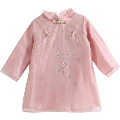 DFXD Todder Girl Dresses Chinese Style Spring Autumn Long Sleeve Organza Spliced Cheongsam Pink/Blue Princess Dress For 2-8Years