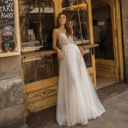 Princess Wedding Dress A Line Sexy V Neck Appliques Lace Boho Bridal Dresses Illusion Back Vestidos De Novia Brautkleid