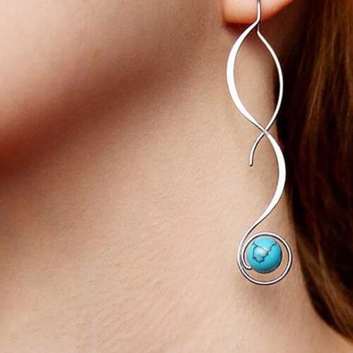 Silver Plated Geometric Shape Blue Turquoises Stone Dangle Earrings for Women Fashion Jewelry