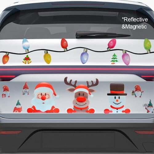 Christmas Day Car Magnetic Reflective Stickers Cartoon Santa Claus Elk Colorful Bulb Auto Decorations PVC Stickers and Decals