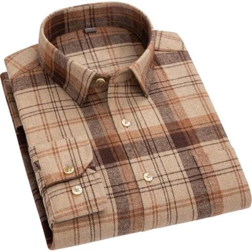 AOLIWEN brand men 100% cotton brushed wheat color plaid long sleeve shirt 2021 new casual trend spring anti wrinkle slim shirts