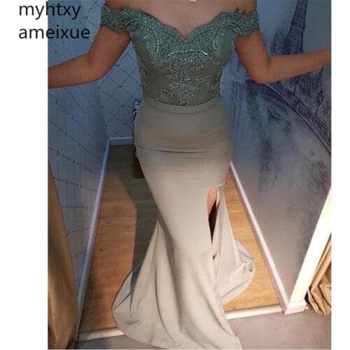 Off Shoulder Mermaid Custom Evening Dress Appliques Beading Sexy Formal Party Front Split Gowns Long Dresses Robe De Soiree
