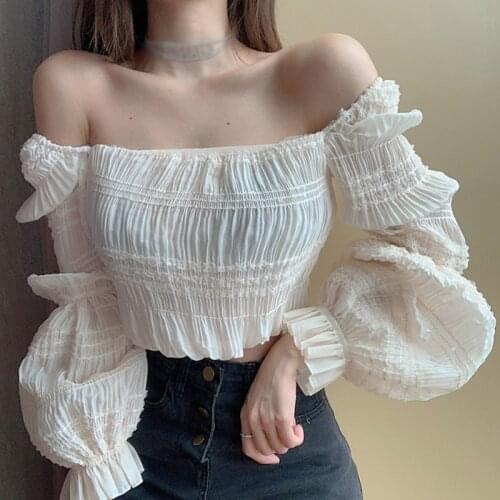One-line Neck Long-sleeved Chiffon Shirt Womens Slim Strapless Puff Sleeve Casual Short Top