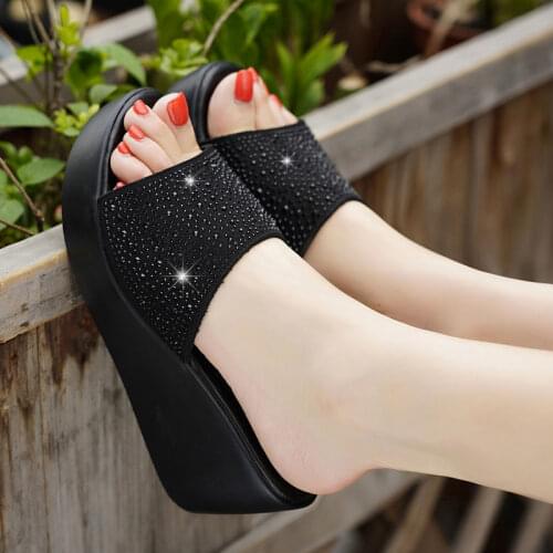 2020 Woman Slippers Summer Platform Ladies Wedges Peep Toe Rhinestone Slides Female Solid Women Casual Outdoor Shoes Womens