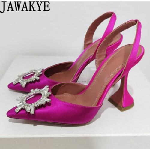 Hot Sale Formal Bridal Shoes mujer Satin Pointy Toe Goblet High Heel Sandals Crystal Badge Designer Slingbacks Brand Shoes Women