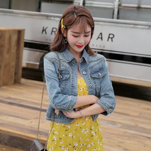 Women 2020 spring Autum three quarter sleeve Denim Jackets Washed Jeans Coat Turn-down Collar Outwear Slim Jacket chic JC173