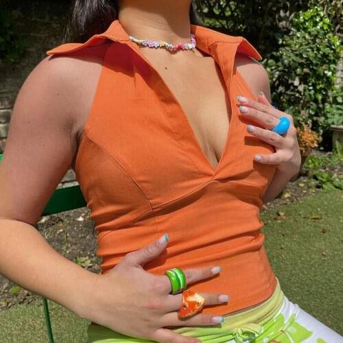 Womens Slim Fit Tank Tops Fashion Sleeveless Solid Color Lapel V Neck Crop Tops Female Backless Fashion Camisole Slim Vest