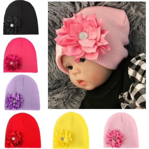1 PCS Comfortable Warm Knitting Cotton Infant Hats Solid Color Handmade Lotus Baby Girls Caps Flowers Headwear Photography Props