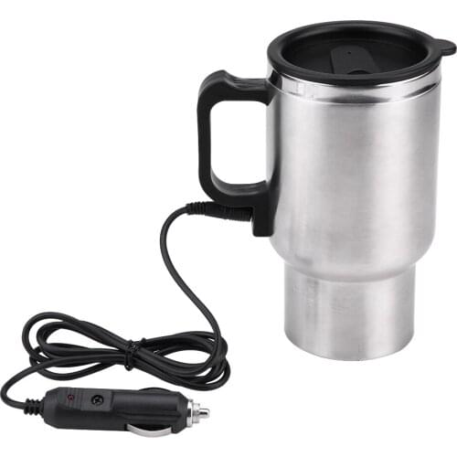12V 450ml Electric In-Car Stainless Steel Travel Heating Cup Coffee Tea Car Cup Mug Fits Most Car Cup Holders Silver + Black