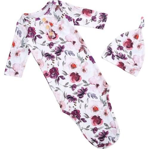 Pudcoco 2 Pcs Baby Sleepbag Hat Floral Printed Full Length Regular Sleeve Round Neck Button Decorated Sleepwear Clothes
