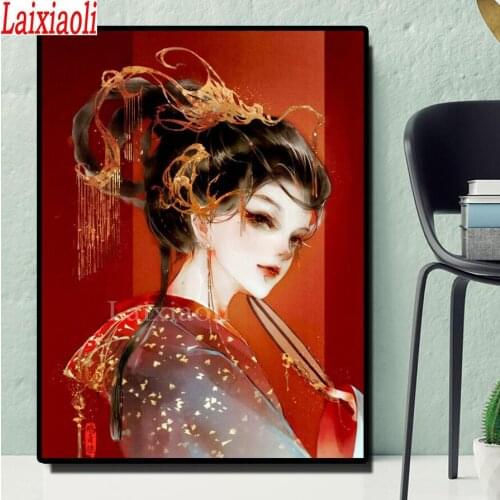 5d Diy Diamond Painting Japanese Classical girl Mosaic rhinestone paint by numbers square round diamond red woman cross stitch