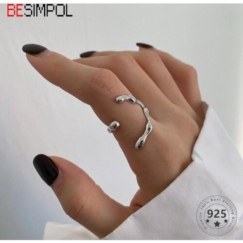 Besimpol 100% Real 925 Sterling Silver Rings Simple Irregular Staggered Crossed Line Open Ring For Women Fashion Fine Jewelry