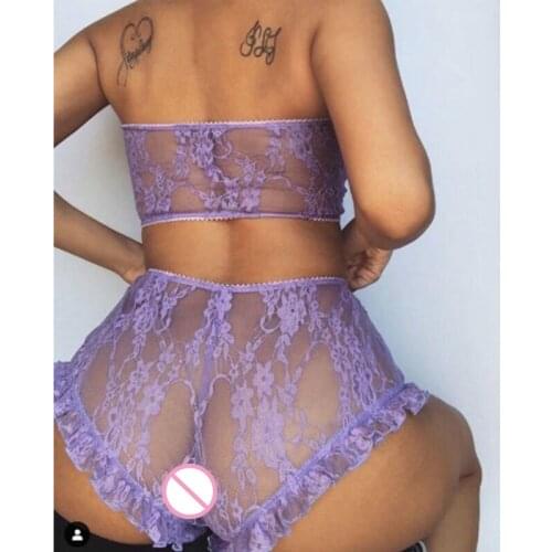 Free Shipping Sexy Lace Floral Embroidery See Through Transparent Bra Top High Waist Thong Hot Exotic Sets Nightwear Sleepwear
