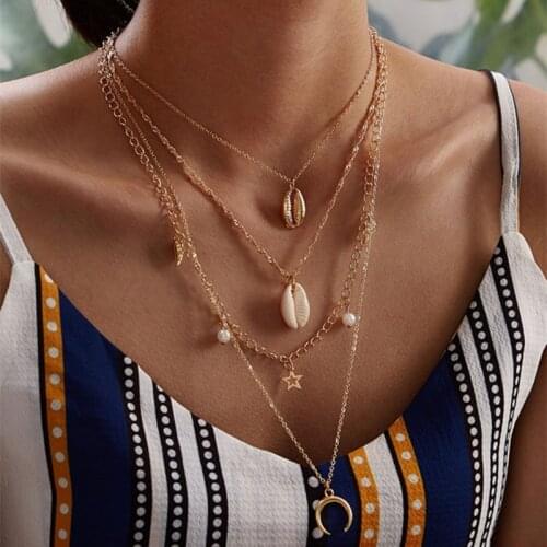 Bohemian Vintage Imitation Pearl Shell Star Pendant Necklace Multilayer Gold Moon Choker Necklace Party Jewelry Gift
