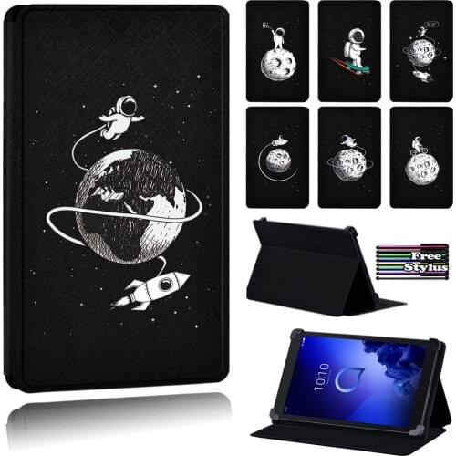 Astronaut Printing PU Leather Flip Tablet Case for Alcatel 1T 7" 10"/Alcatel 3T 8" 10"/Alcatel A3 10" + Free Stylus