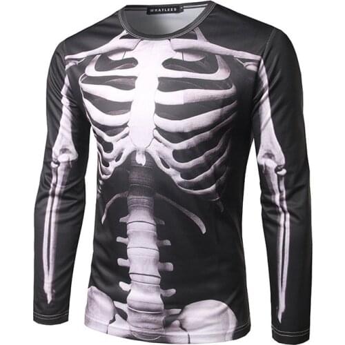 Men Horror Muscle Shirt Full Sleeves Joking Tee Trick for Adult Scary Halloween Costume Tops X-Ray Torso Skeleton 3D Print
