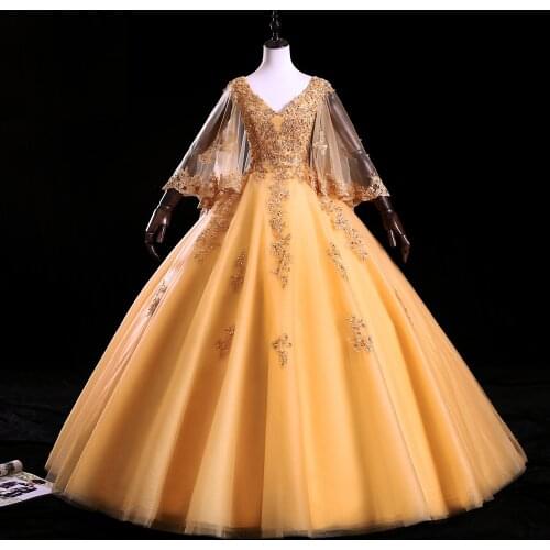 Elegant Yellow/Pink/Gold Beaded Applique V Neck Pagoda Sleeves Ball Gown Quinceanera Dresses Women Long Party Dresses Plus Size
