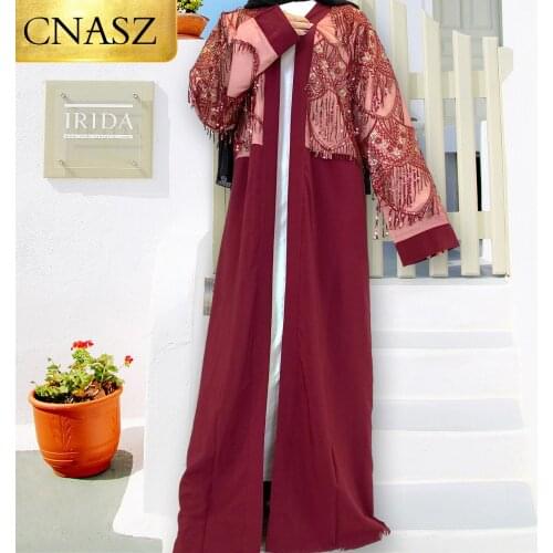 Hot Selling Open Abaya Women Clothes Lace With Pearls Design Muslim Fashion Kimono Long Kaftan Islamic Dubai Dresses For Women