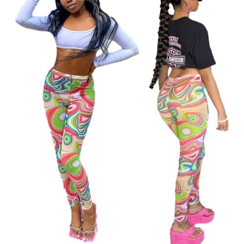 Hirigin Summer Women’s Casual Skinny Mixed Color Trousers Personality Swirl Printing High Waist Stretch Long Pants