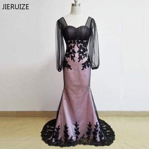 JIERUIZE Pink Black Lace Appliques Mermaid Evening Dresses Long Long Sleeves Formal Dresses Mother of the Bride Dress