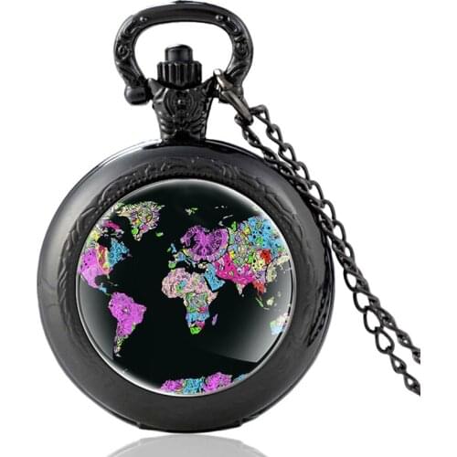 Classic World Map Pattern Vintage Quartz Pocket Watch Men Women Glass Dome Unique Pendant Necklace Hours Clock Accessories Gifts