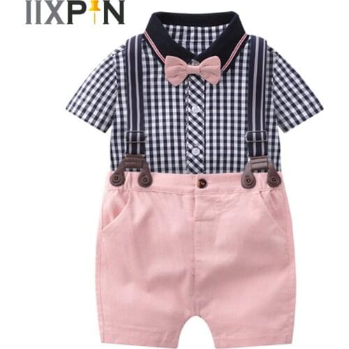Baby Boys Suits Short Sleeves Plaid Shirt Rompers + Bib Pants 2Pcs Boys Sets Weddiing Party Gentlemen Toddlers Clothing Outfits
