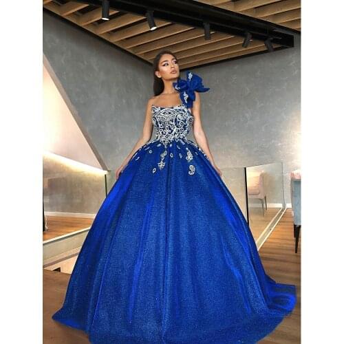 Royal Blue Ball Gown Glitter Appliques Evening Dress Long One Shoulder Prom Formal Wedding Party Gowns Robe De Soiree