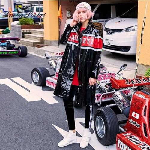 Female Spring Autumn Bright Surface Black Hooded Coat Women Fashion Hit Color Plus Size Letter Print High Quality Jacket ML99