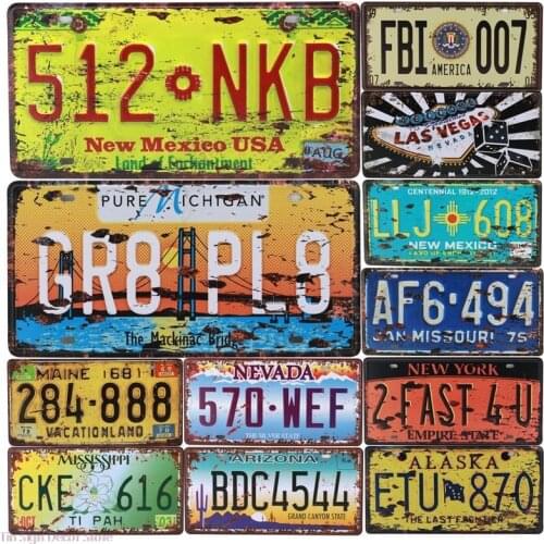 Car Number Metal Tin Sign Alaska NewYork Carlifornia Art Poster Shabby Plaque Iron Poster Pub Wall Stickers