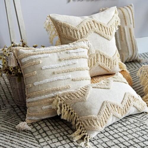 Boho Style Cushion Cover 45x45cm Pillow Cover Cotton Linen Tufted Tassles Beige for Home Decoration Sofa Bed 45x45cm/30x50cm