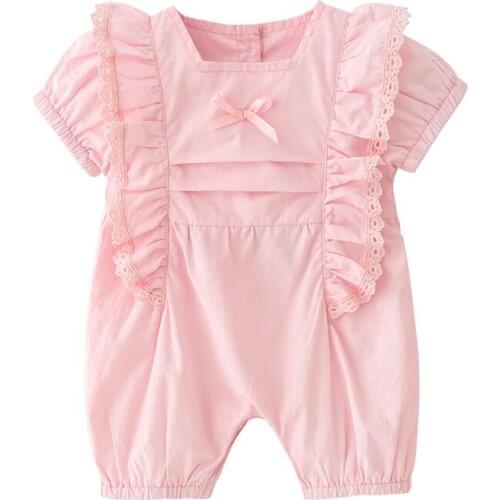 New 2021 summer girls romper baby pink fungus lace short-sleeved cotton jumpsuit climbing clothes