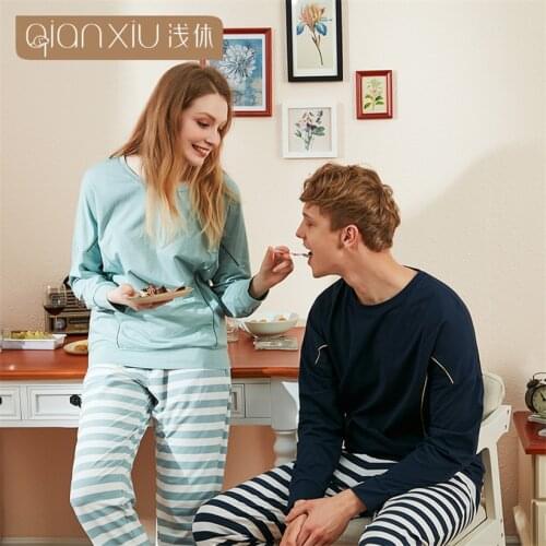 Couple Pajamas Set Spring And Autumn Cotton solid color men Pyjamas Long Sleeve Sleepwear women tops+stripe Lounge Pijama