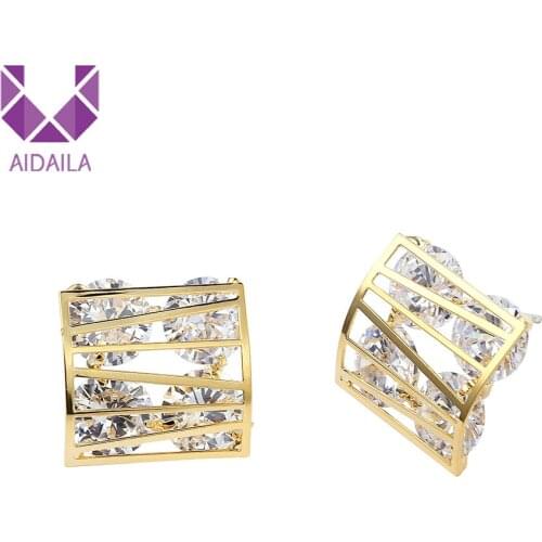Square Shape Stud Earrings with AAA+ Cubic Zirconia CZ for Women Office Ladies Gold Color Copper Material 2019 Hollow EP04806