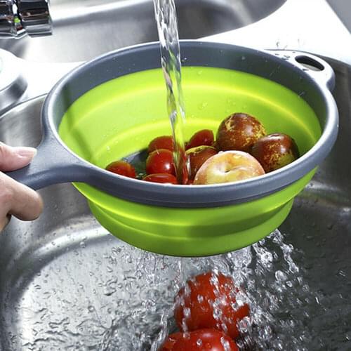 Folding With Handle Silicone Plastic Colander Drain Basket Fruit Vegetable Washing Strainer Drainer Kitchen Accessories