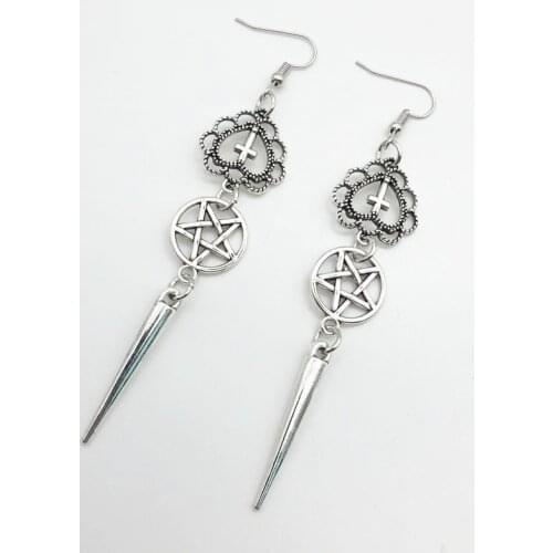 Vintage Goth Gothic Cross Pentagram Awl Dangle Drop Earrings For Women Trendy Punk 80s egirl grunge goblincore emo accessories