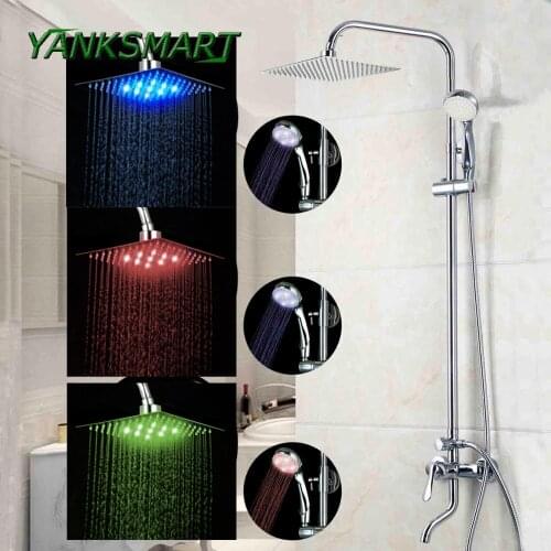 YANKSMART Four Choice Wall Mounted Rain Shower Set Luxury Square Shower Head LED Shower Set with Hand Sprayer