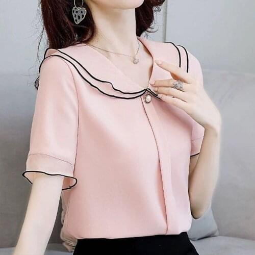 Womens Spring Summer Style Chiffon Blouses Shirt Womens Elegant Button V-neck Short Sleeve Korean Casual Tops SP8715
