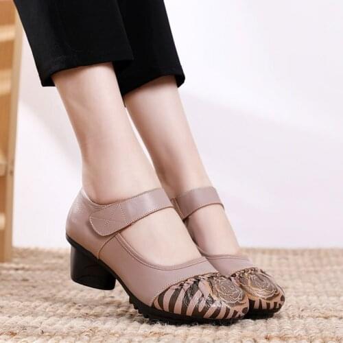 Colorful Women Vulcanize Stitching Painted Flower Genuine Leather Buckle 3CM Square High Heels printing zapatos mujer shoes