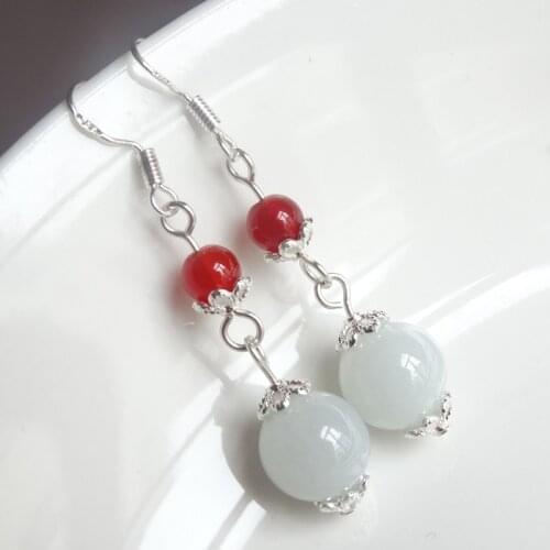 925 Silver Natural Emerald 10mm white Bead Jade Circular Beads Earrings Original DIY By Hand Accessories Women Stone Jewelry