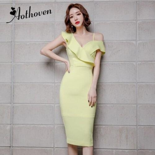 2019 Summer Women Sleeveless One-Shoulder V Neck Midi Dress Women Elegant Yellow Corset Bodycon Midi Dress Robe Longue Vestidos