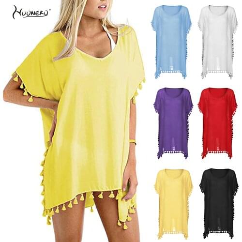 Women Sexy Loose Chiffon Beach Dress Summer Solid Tassel V-Neck Short Sleeve Boho Chic Cover Up Dresses Fashion Casual WBC08