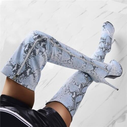 Serpentine Long Boots Over The Knee Zip Up Platform High Stiletto Heels Shoes Round Toe Winter Women Warm Shoes Runway Big Size