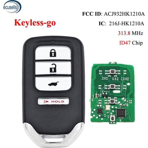 3+1 Button 313.8MHz Keyless Go Smart Remote Key(SUV)ID47 Chip For Honda FCC ID: ACJ932HK1210A / IC: 216J-HK1210A HON66 Blade