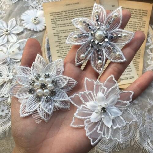 3D Beads Flower Floral Embroidered Lace Fabric Applique Patches Wedding Dress Sewing On Craft Diy