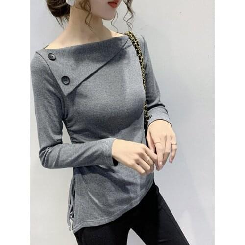#5774 Grey Black White Red Cotton Long Sleeve T Shirt For Women Slash Neck Buttons Slim Irregular T Shirt Female Side Drawstring
