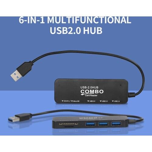 6-in-1 USB2.0 Hub Converter with TF SD Card Slots Micro USB Port Support USB Fan Mouse Keyboard Mobile Hard Disk U Disk HUB