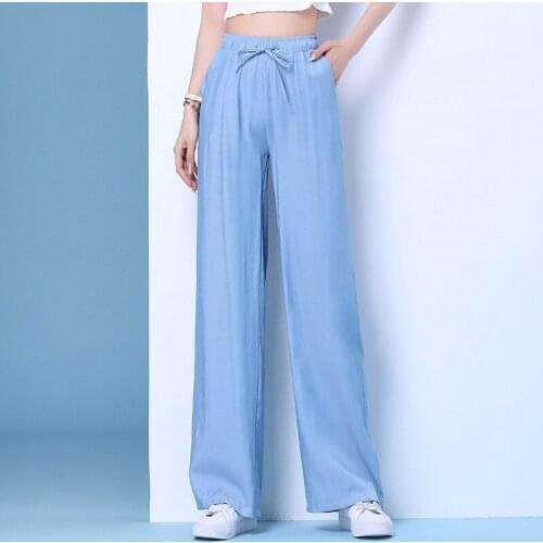 Women Denim Wide Leg Pants Summer Ice Drop Feeling Cool And Smooth Casual Pants Drawstring Elastic Waist Trousers Woman